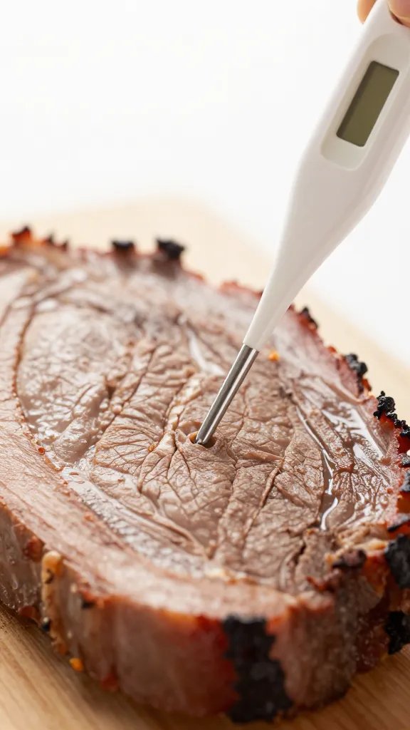 probe thermometer inserted in brisket flat, tight macro