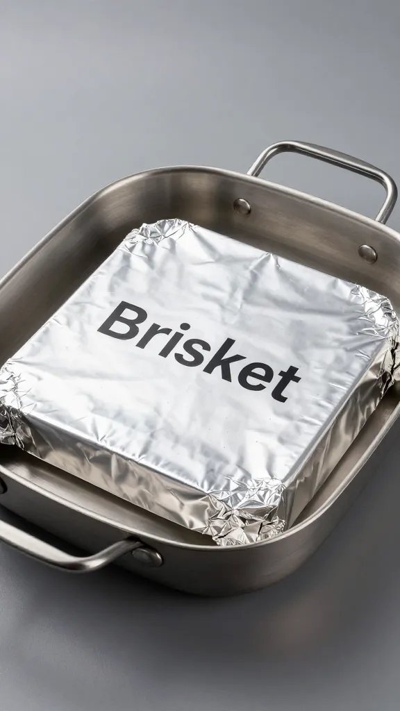 stainless hotel pan sealed with foil, labeled “Brisket”