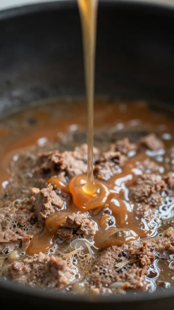 dripping meat juices in pan bottom, tight detail