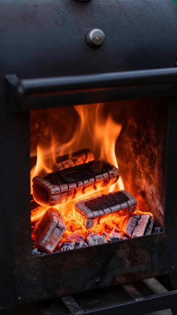 pellet smoker firebox glowing embers, closeup