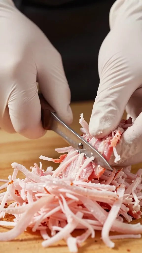 chef’s gloved hand shredding pork with claws, macro