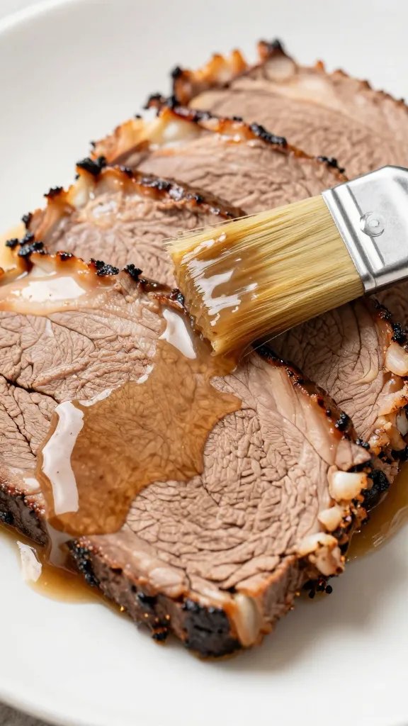 brushed-on broth glazing sliced brisket, close shot