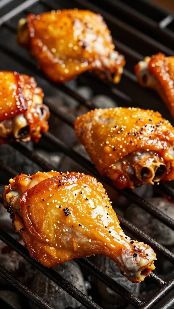 chicken thighs with mahogany skin on grates, closeup