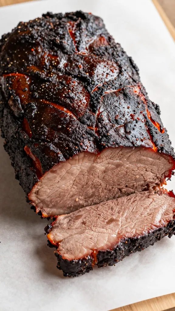 closeup of smoked brisket flat, bark glistening, on butcher paper