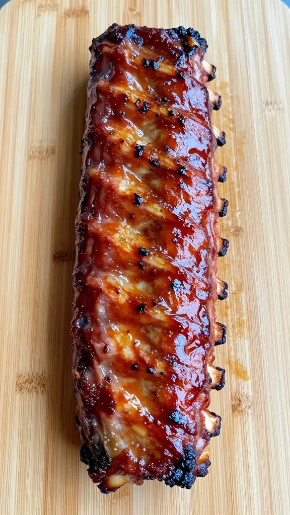 single rack of glazed baby back ribs on cutting board