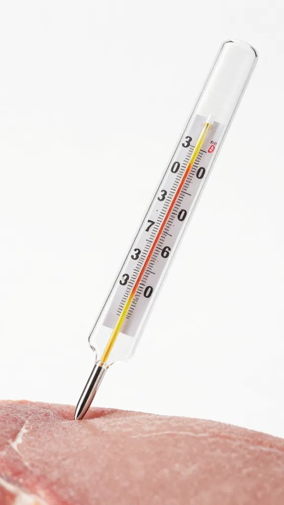 thermometer probe inserted in pork shoulder, clean background