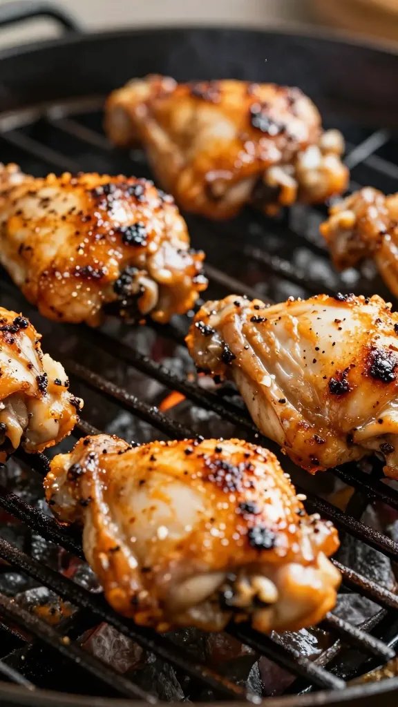 hot-and-fast chicken thigh sizzling on grill grate closeup