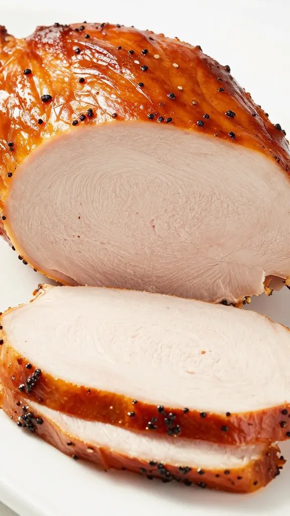 low-and-slow smoked turkey breast slice, juicy cross-section