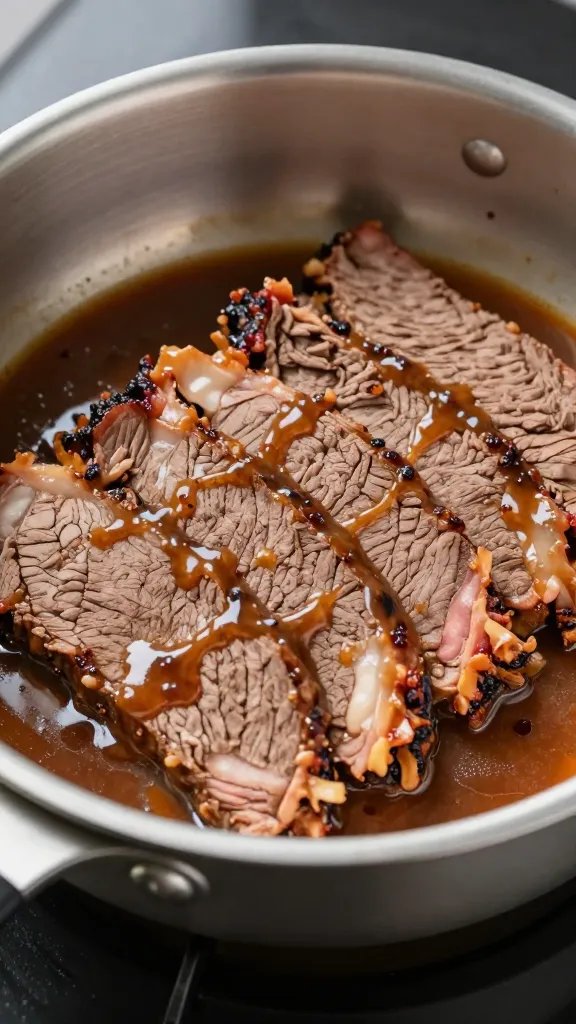 aluminum pan of sliced brisket being sauced, tight crop