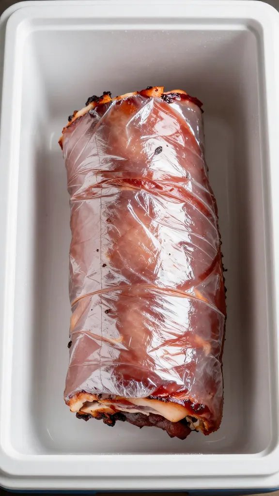 foil-wrapped pork butt resting in cooler, lid ajar