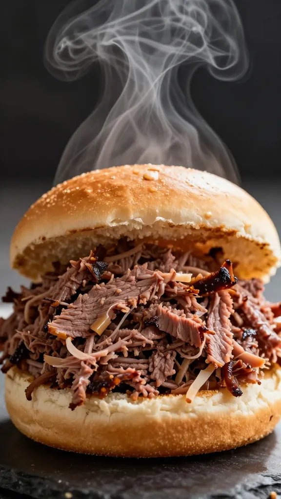 single brioche bun piled with chopped brisket, steam rising