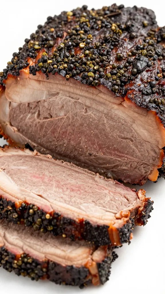 closeup slice of smoked brisket with peppery bark