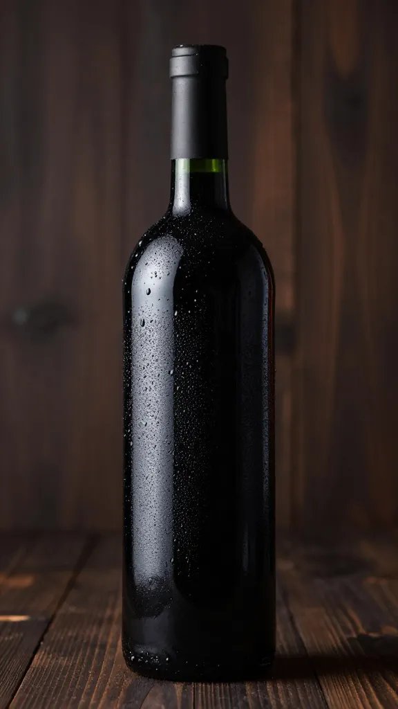 single Zinfandel bottle with condensation on dark wood