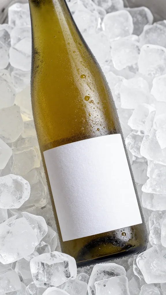 chilled Riesling bottle on crushed ice, label facing