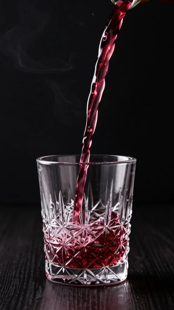 Syrah pour into crystal glass, smoky backdrop