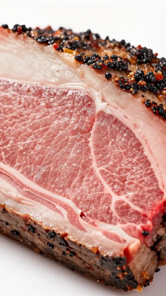 sliced brisket end piece showing smoke ring, macro