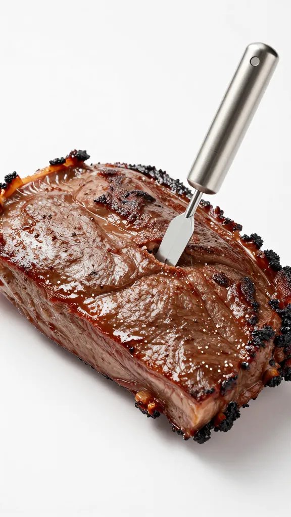 stainless meat thermometer inserted into brisket flat