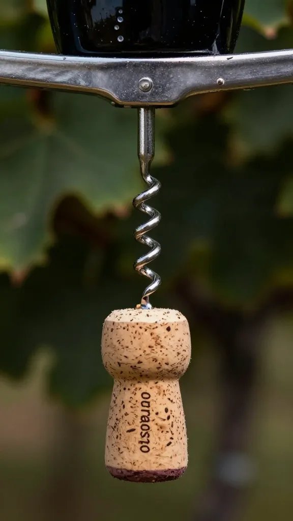 corkscrew extracting natural cork from Pinot Noir