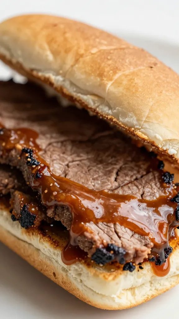 closeup brisket slider with glossy Kansas City sauce
