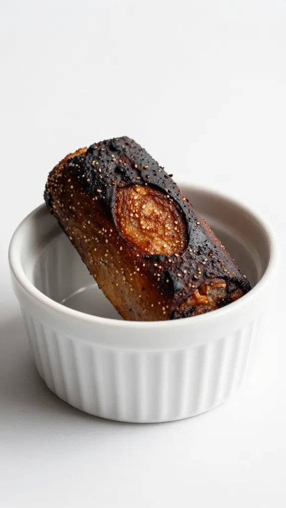 sauced burnt end on small white ramekin