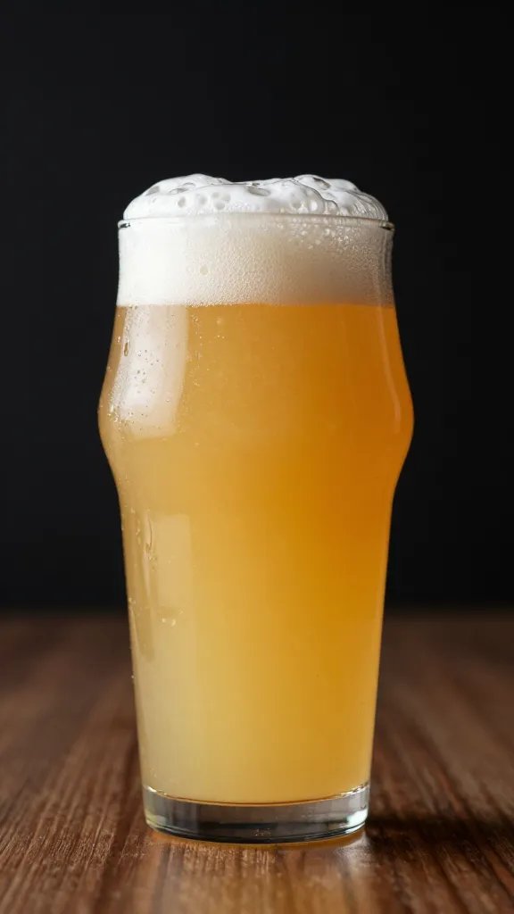 tulip glass of hazy IPA, tight foam head