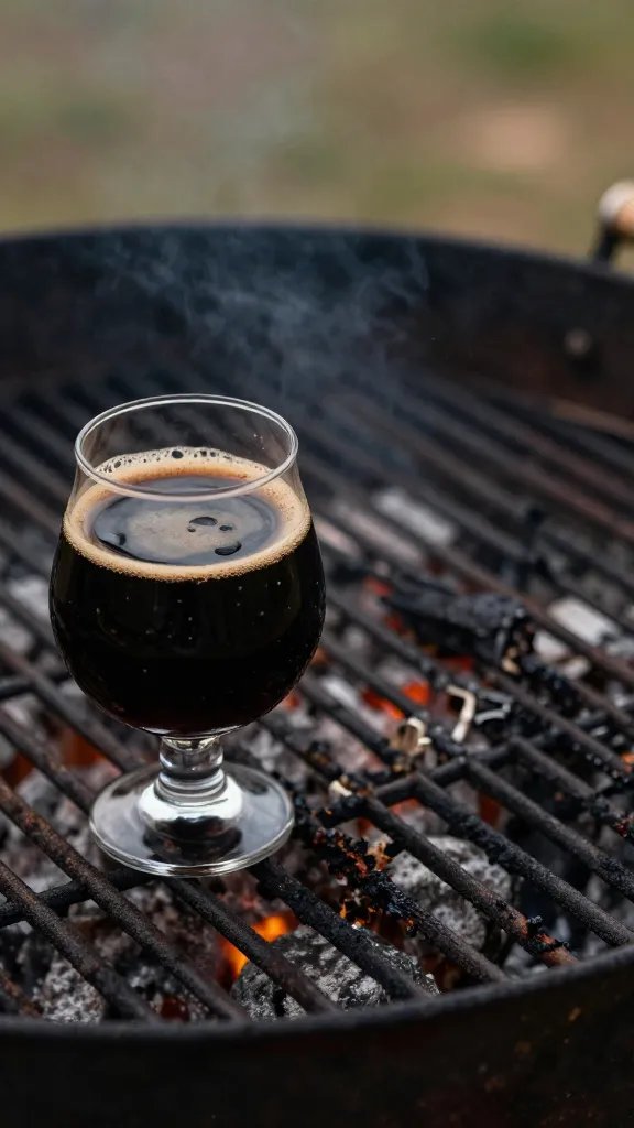 dark stout in snifter beside charred grill grate