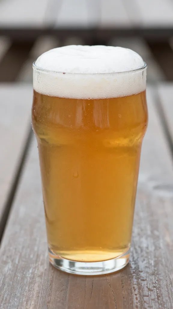 amber ale in shaker pint on picnic table