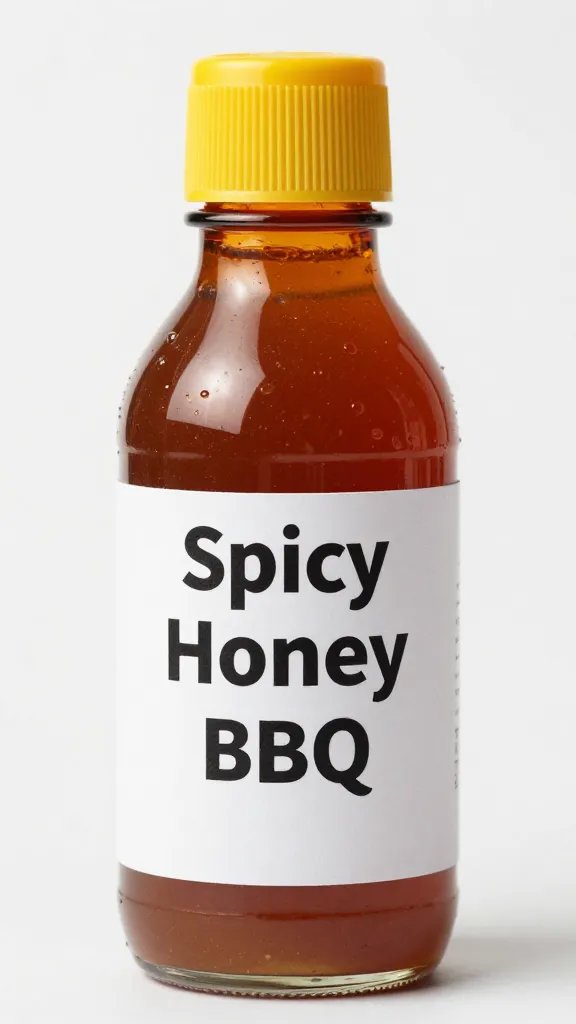 single squeeze bottle labeled “Spicy Honey BBQ” closeup