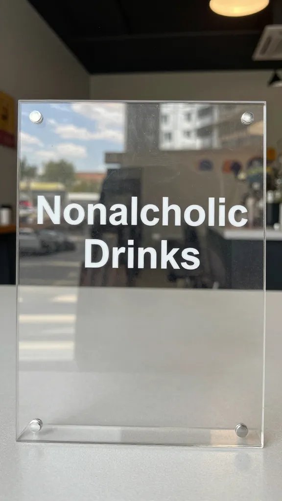 clear acrylic sign reading “Nonalcoholic Drinks”