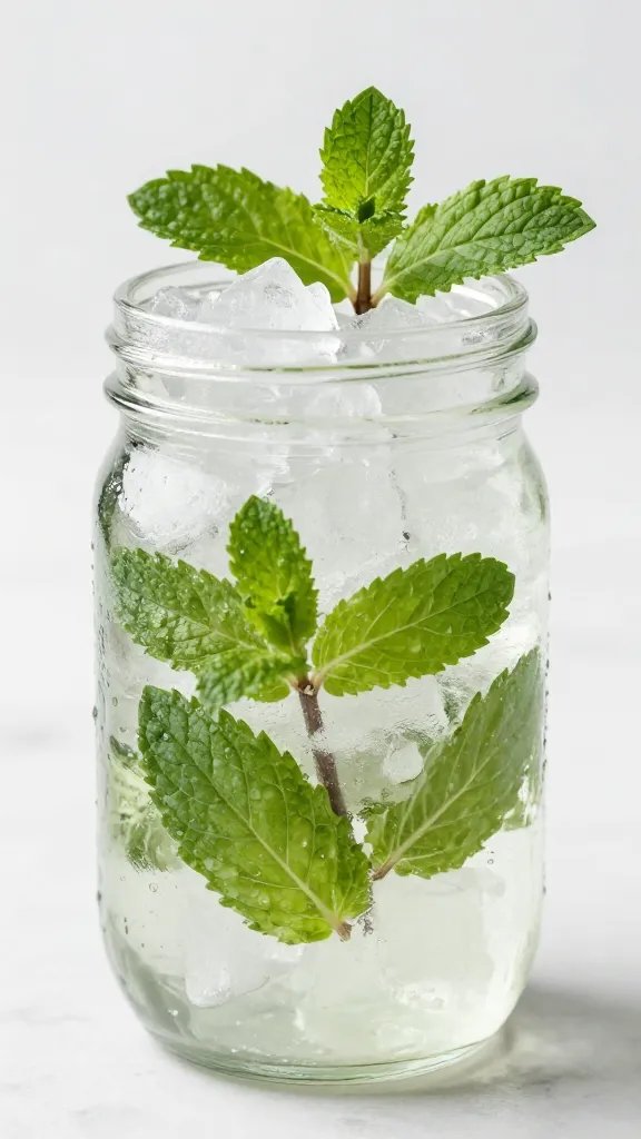 mason jar of mint sprigs in crushed ice