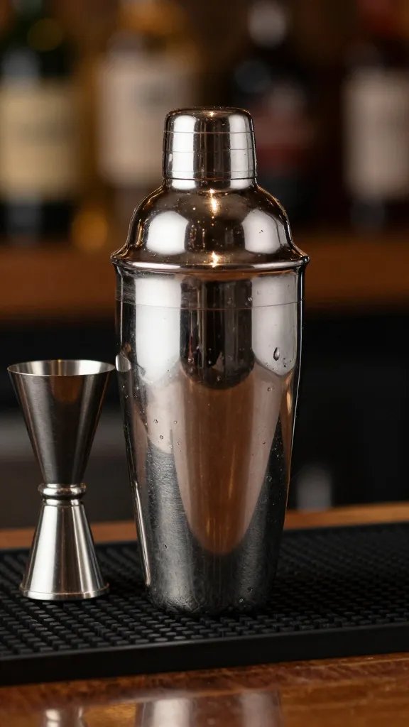 bar mat with single jigger and shaker tin