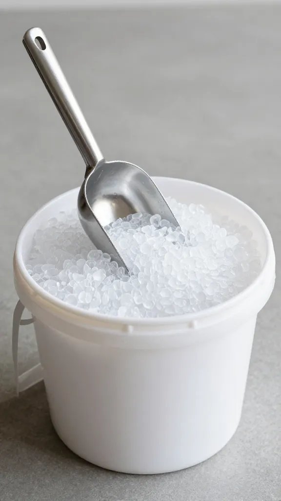 bucket of pellet ice with aluminum scoop