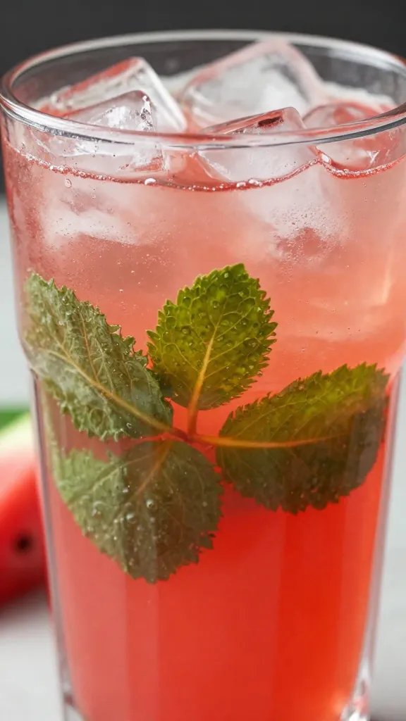 closeup of iced watermelon mint spritzer in clear tumbler