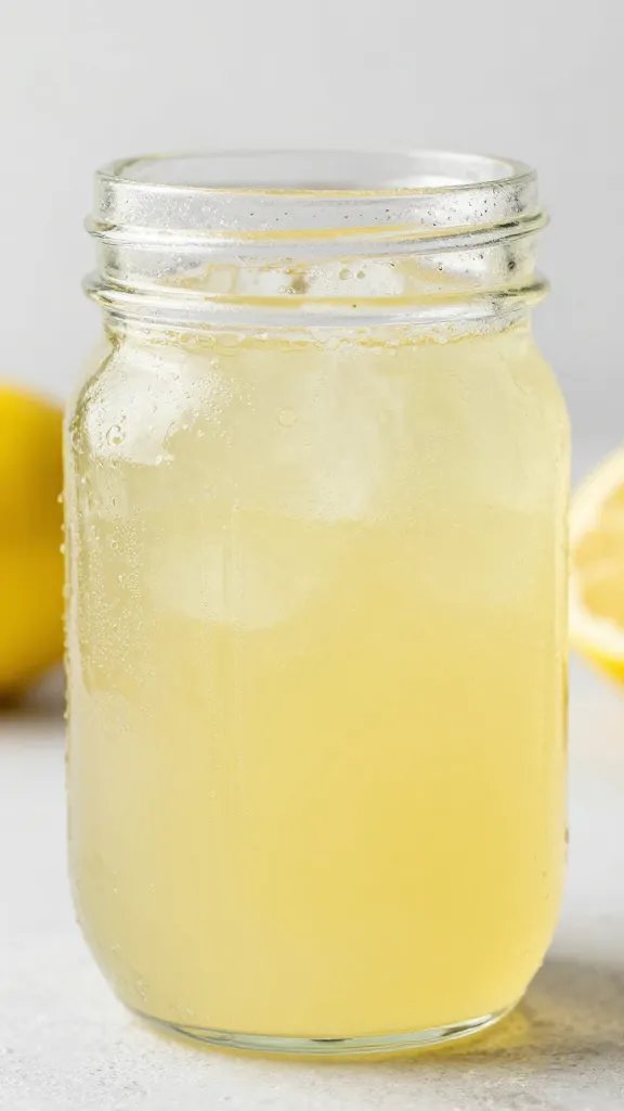 mason jar of lemon-ginger syrup with condensation