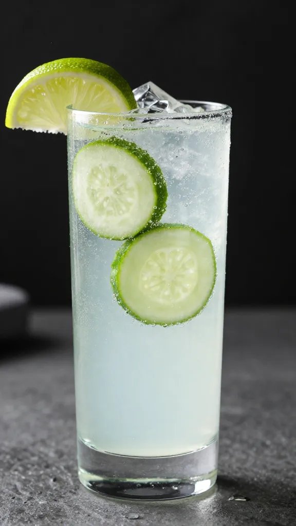 highball glass of sparkling cucumber lime cooler