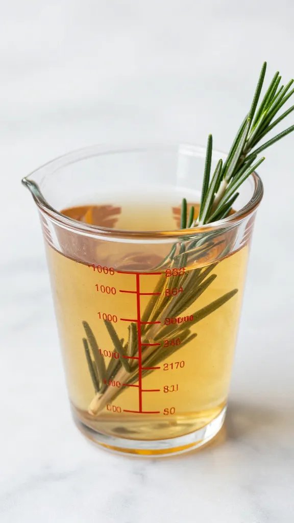 measuring cup of rosemary simple syrup on marble countertop