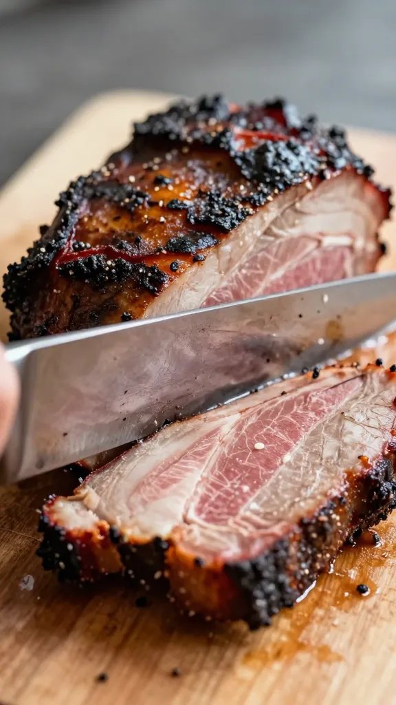 closeup of a smoked brisket slicing knife on cutting board