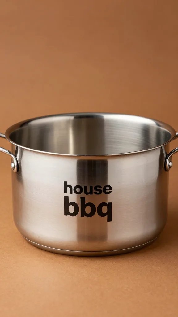 stainless steel sauce pan labeled “house bbq” on warmer