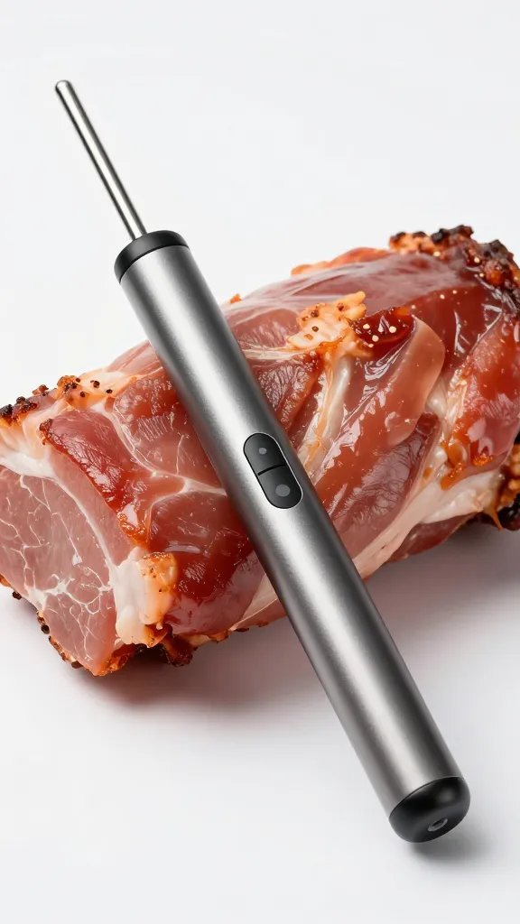 single wireless meat thermometer probe in pork shoulder