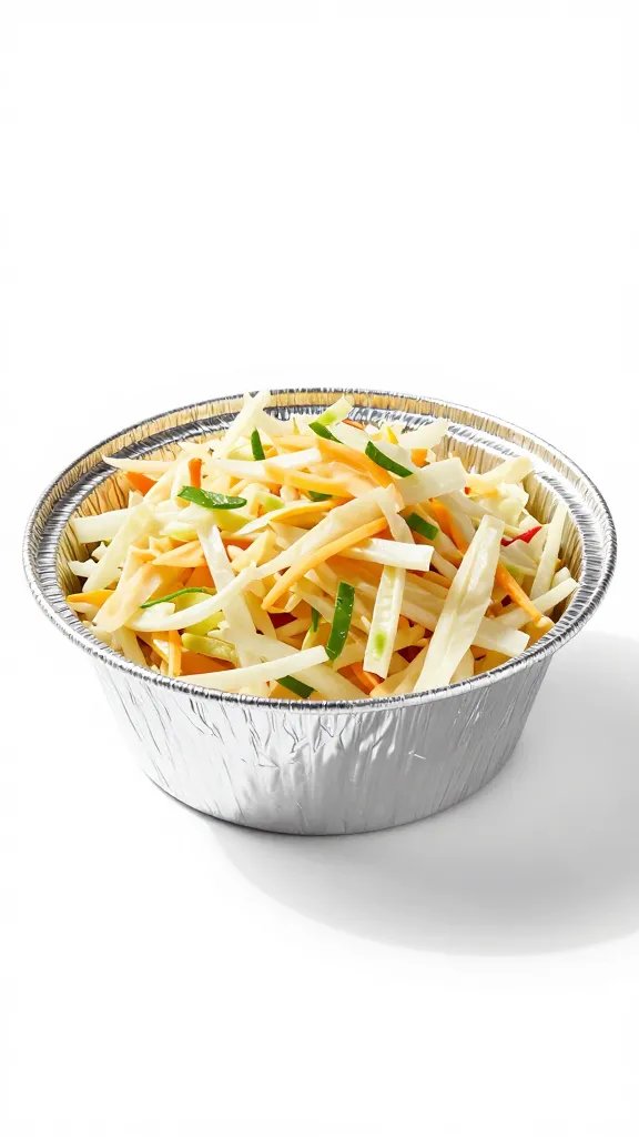 disposable aluminum pan filled with coleslaw, tight crop