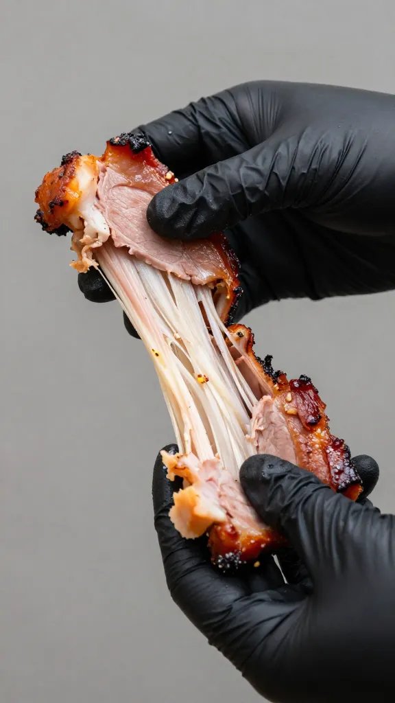black nitrile-gloved hand holding pulled pork portion