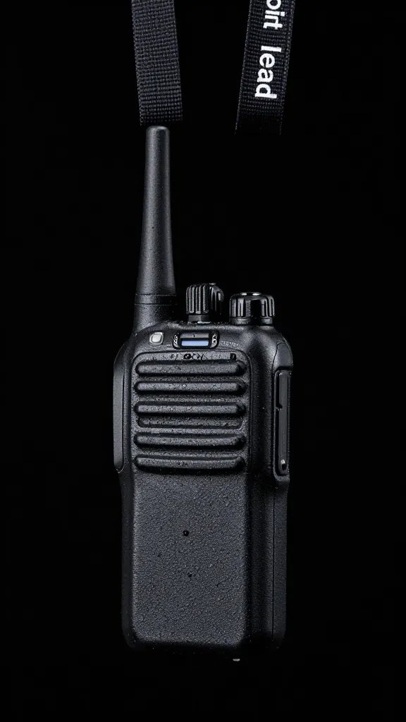 walkie-talkie labeled “pit lead” on lanyard