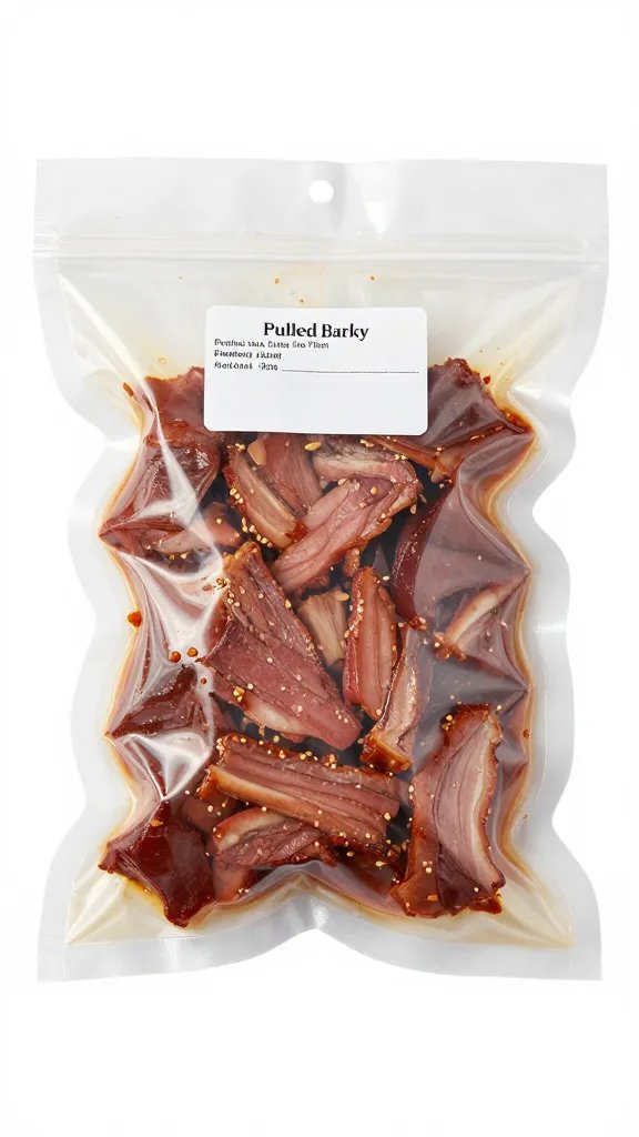 Vacuum-sealed pulled pork pouch, labeled and dated