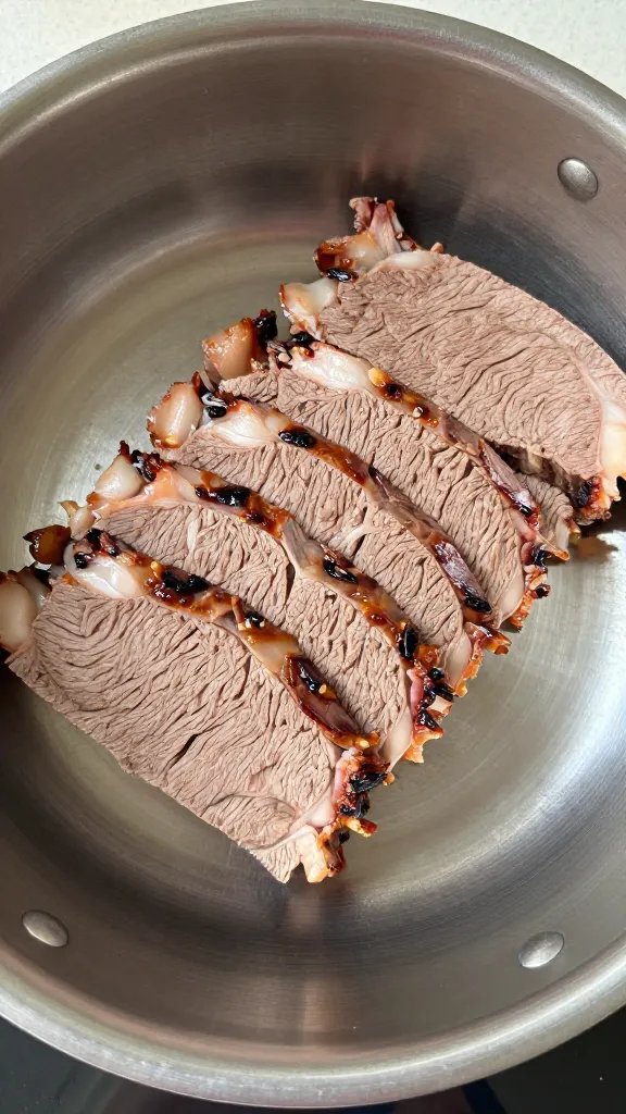 Shallow stainless pan of sliced brisket cooling
