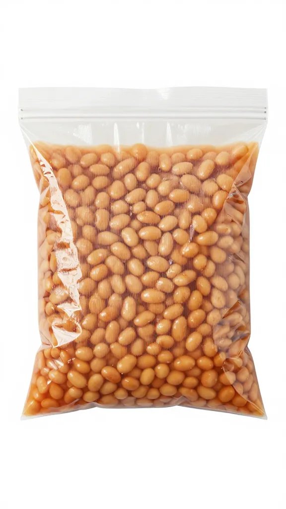 Single quart freezer bag of baked beans, flattened