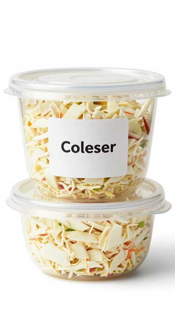 Labeled deli container of coleslaw, airtight lid