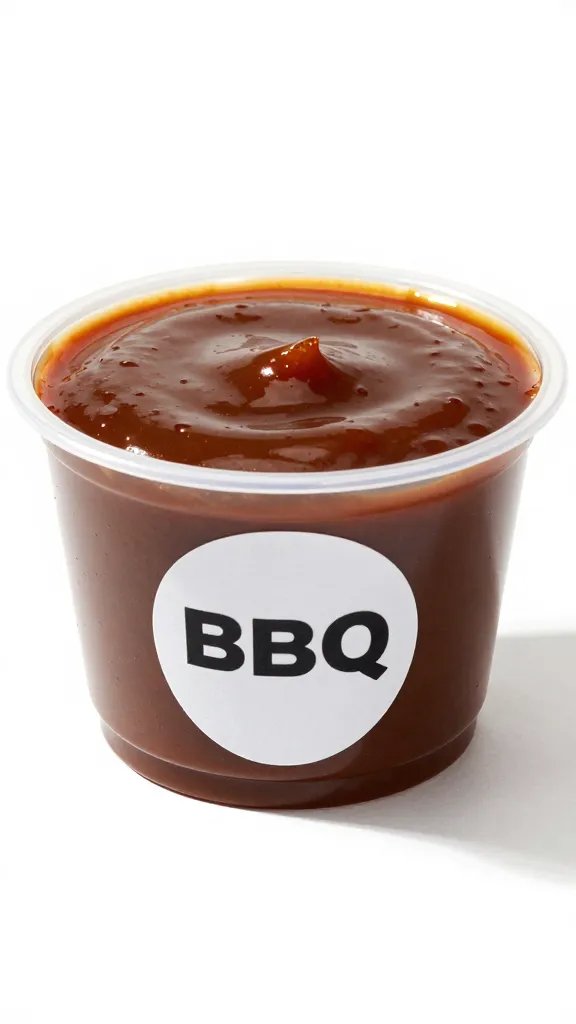 Portion cup of BBQ sauce with date sticker