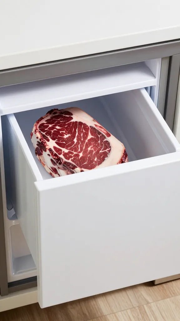 Chest freezer drawer with one labeled brisket package