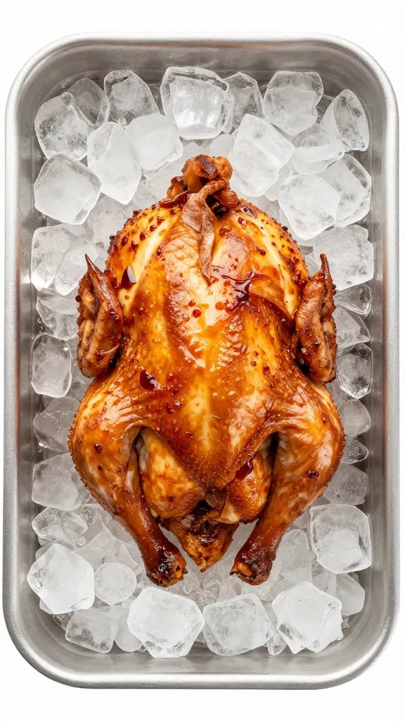 Ice bath bin chilling one tray of smoked chicken