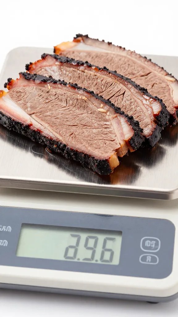 Closeup of digital kitchen scale weighing smoked brisket slices